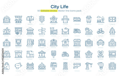 City Life line icon pack. City Life Stroke icon set. Editable Stroke icon
