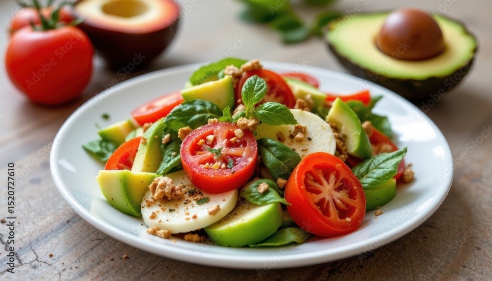 Colorful Fresh Salad with Tomatoes, Avocado, and Green Apples on a White Plate Colorful Fresh Salad with Tomatoes, Avocado, and Green Apples on a White Plate