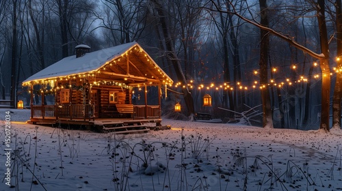 :Winter landscape. Panorama with a wooden hut on a meadow covered with snow. New Year's lanterns illuminate the house in the evening. Yellow garlands. Mystical night. Forests