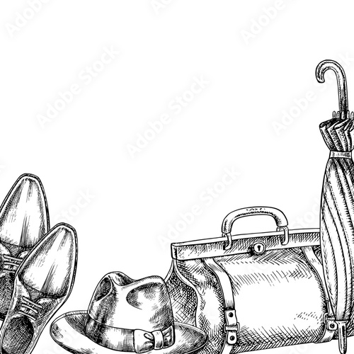 Border frame with a man s hat, travel bag, umbrella and boots. Hand-drawn vector illustration. Black and white image on the theme of men and travel. For postcards, banners, Men s and Fathers Day.