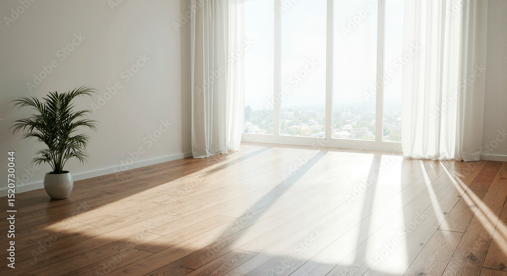 Fototapeta premium Bright empty room with white walls and a plant in a pot. Sunny bright room interior with a large window