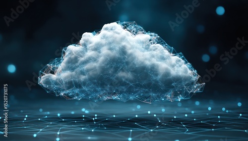 Data storage and cloud computing visualized through expansive digital cloud networks in a modern setting.