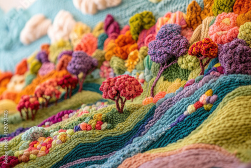 A Colorful Cascading Landscape of Hills and Foliage Sewn Together with Fabric and Yarn. 