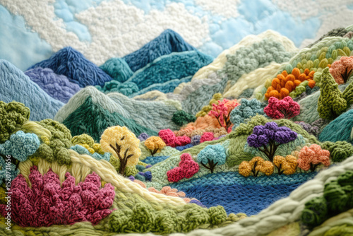A Beautiful Landscape of Mountains and Hills made from fabric and yarn.