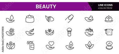 Vector icons showcasing beauty: skincare, makeup, wellness, self-care, elegance, glamour, facial treatments, cosmetics, haircare, and personal grooming essentials.

