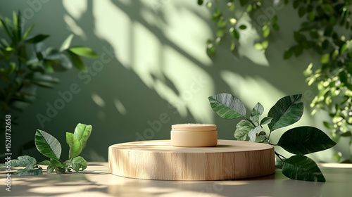 Natural beauty product display on a wooden podium.