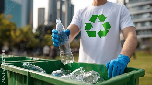 Wallpaper Mural Man is Standing While Putting Plastic Bottle Into Green Trash Bin in City Park : Suitable for Be Used in Blog Posts, Social Media Posts or Website Content Related to the Environment Theme. Torontodigital.ca