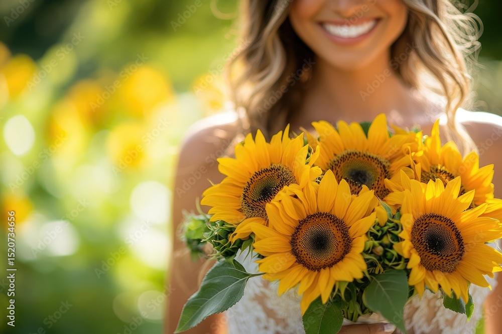A smiling woman holds a bouquet of bright yellow sunflowers in a sunlit field. A smiling woman holds a bouquet of bright yellow sunflowers in a sunlit field.