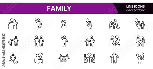 vector icons depicting family: parents, children, love, support, home, togetherness, bonding, care, happiness, and shared moments.
