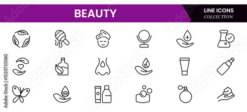 Vector icons showcasing beauty: skincare, makeup, wellness, self-care, elegance, glamour, facial treatments, cosmetics, haircare, and personal grooming essentials.
