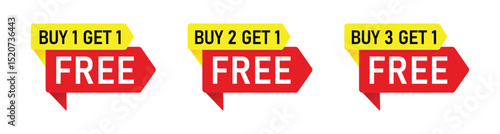 Buy 1, 2 or 3 to get 1 free offer label. Discount tag for special sale. Transparent PNG and vector illustration.