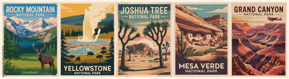 Set of retro-style USA National Parks travel posters featuring Grand Canyon, Mesa Verde, Rocky Mountains, Joshua Tree, and Yellowstone. Vintage outdoor adventure vector illustration.