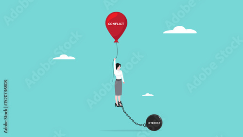 Conflict or interest decision, conflict management concept, confused businesswoman who is bound by a balloon of interests and weight ball of conflict