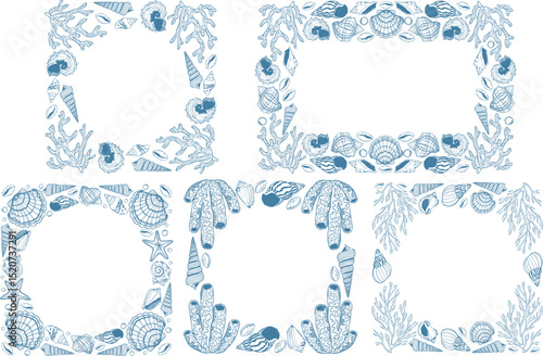 Collection of vector frame with sea shells isolated.