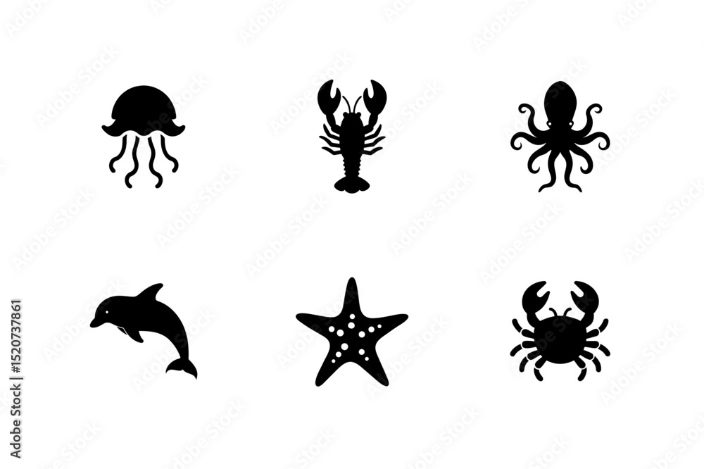 Fototapeta premium Sea Creatures Silhouette Icons Set