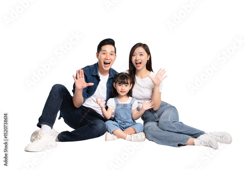 full body of a happy asian family posing on a png background	