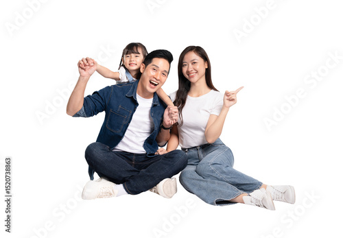 full body of a happy asian family posing on a png background	
