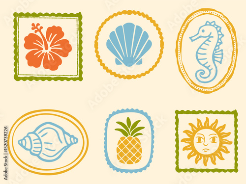 Tropical Vintage Icon Summer Stamp. Vacation Beach Hand drawn Fruit Print. Retro Beach Sea Ocean Sun Pineapple Hibiscus Flower Shell Seahorse Marine, Retro style tropical stamps Sunshine illustration