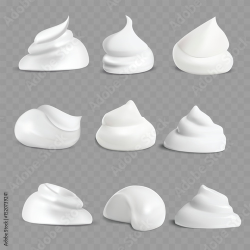 Realistic White Foam Dollops Set - Cream Texture Bubbles. Vector
