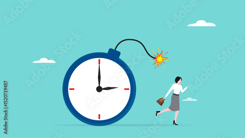 project deadline, time management, Fearful businesswoman running away from detonated time countdown bomb about to explode