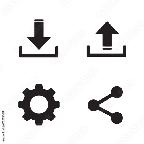 Set of simple black icons representing upload download settings and sharing for digital design