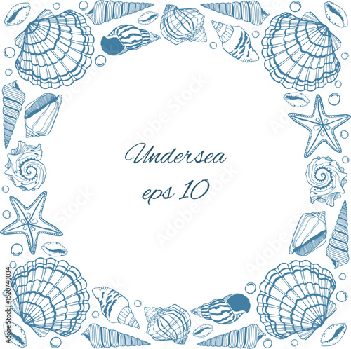 Border frame of cartoon sea shells isolated.