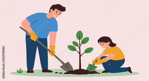 A cartoon illustration of a father and child planting a tree