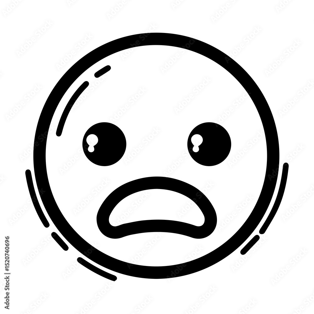 Fototapeta premium Outline style drawing of a circular emoji appearing shocked or surprised, marked by wide, round eyes and an open, oval-shaped mouth. Can be used to convey shock, disbelief, extreme surprise