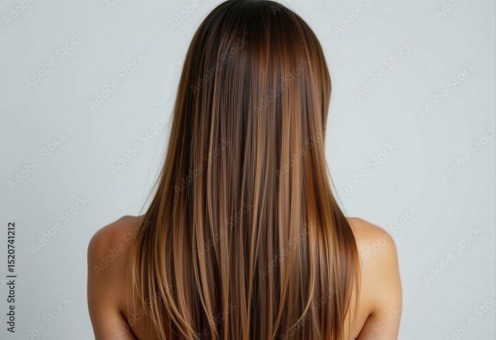 Naklejka premium rear view of a woman with long, shiny, and healthy hair cascading smoothly down her back, demonstrating elegance, beauty, and effective haircare routine with natural radiance.