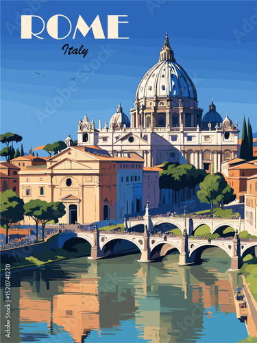 Retro travel poster of Rome, Italy featuring the Vatican and river in the background. Vintage-style vector illustration perfect for decor, tourism, and European destination themes