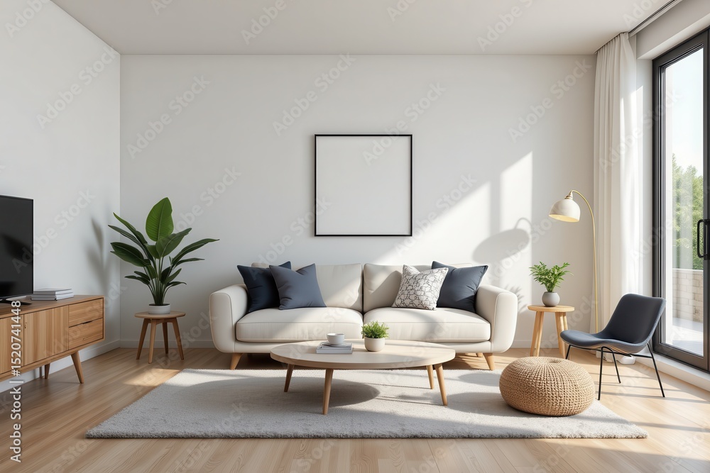 Fototapeta premium a 3d rendered living room features a modern sofa centered in the space with minimal surrounding decor, emphasizing a clean, organized, and airy design suitable for modern apartment living.