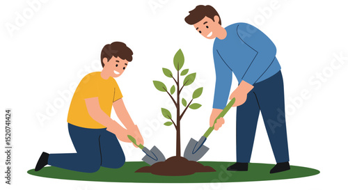 A cartoon illustration of a father and child planting a tree