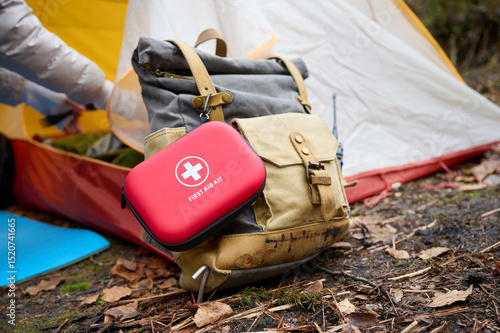 Red first aid kit on a backpack near a camping tent. Injuries and damage in the forest. Concept of medical support on a walk. Emergency assistance in case of injury on the trip a set of medicine