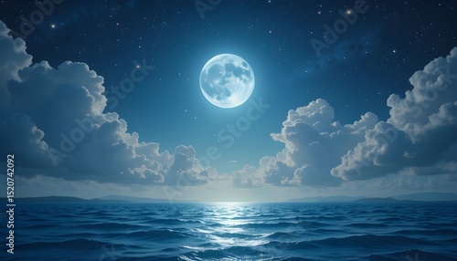 Romantic Moonlit Sky with Clouds and Sparkling Blue Water