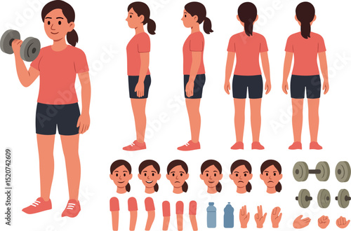 girl,fitness,sporty,workout,exercise,woman,training,gym,active,healthy,fit,athletic,dumbbells,clothing,character,vector,illustration,animation,pose,body,posture,model,front,side,back,view,set,design,f