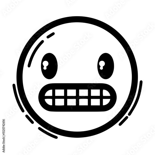 Outline style drawing of a circular emoji expressing a forced grin or grimace, marked by staring eyes and tightly clenched teeth. Can be used to convey nervousness, awkwardness, suppressed discomfort