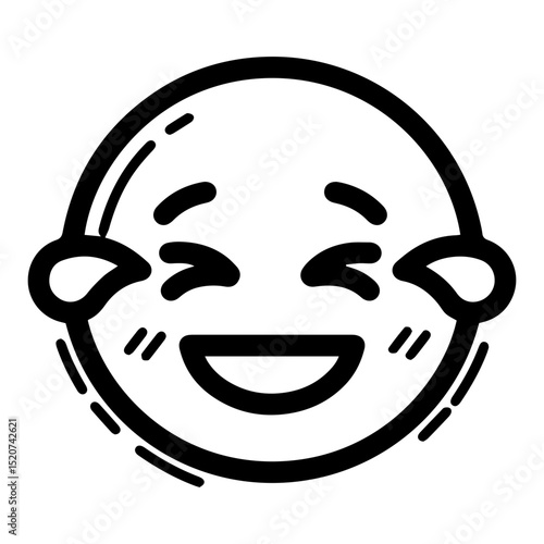 Outline style drawing of a circular emoji laughing heartily, with closed curved eyes with tears of joy streaming. Can be used to convey overwhelming joy, uncontrollable laughter, or extreme amusement