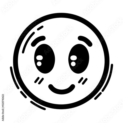 Outline style drawing of a circular emoji expressing shy happiness, marked by wide, slightly blushing eyes and a gentle smile. Can be used to convey modest happiness, bashfulness, quiet contentment