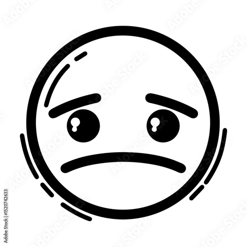 Outline style drawing of a circular emoji expressing profound sadness or distress, marked by downcast eyes and a deep frown. Can be used to convey sadness, melancholy, disappointment, hopelessness