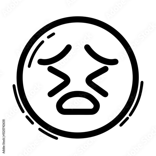 Outline style drawing of a circular emoji appearing scared or disgusted, marked by tightly squeezed eyes and an open, downward-curved mouth. Can be used to convey fear, intense aversion, revulsion