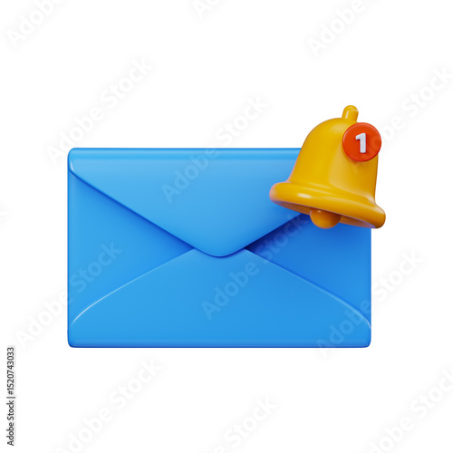 3D email notification symbol with bell alert. New message notification envelope, unread mail or incoming message.