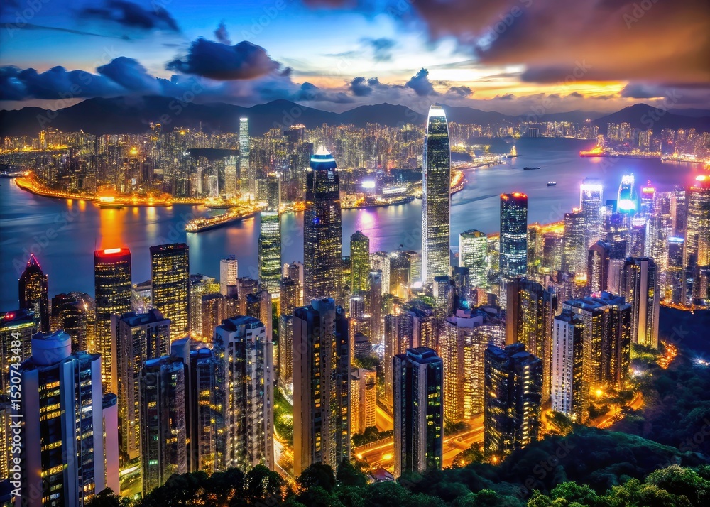 Fototapeta premium Breathtaking night photography: Hong Kong's cityscape, vibrant bokeh, and Asia's iconic harbour.