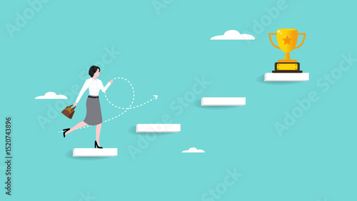 stairway to victory or success illustration, career path or step to achieve business target and goals, businesswoman running up stairs to reach trophy of success concept vector illustration