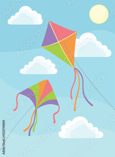 Illustration with two colorful kites flying in the cloudy sky. Outdoor toys on string fly in wind