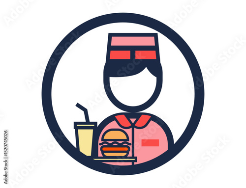 ハンバーガーを持ったファストフード店員の丸いシンプルなカラーイラストアイコン