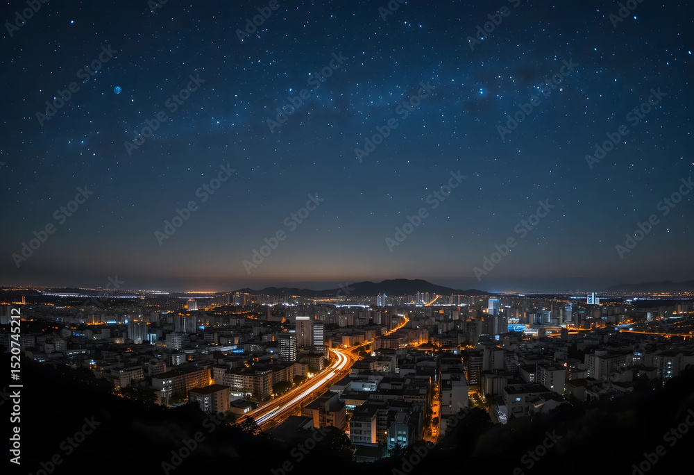 Obraz premium Cityscape under a Starry Night Sky with Light Trails