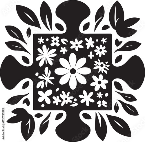 Autism symbol with flower black silhouette puzzle pieces with white background