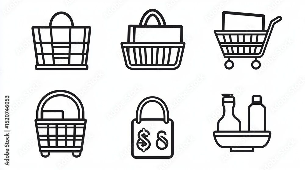 Simple line icons representing shopping baskets and carts in a modern design style for digital marketing and e-commerce use Simple line icons representing shopping baskets and carts in a modern design style for digital marketing and e-commerce use