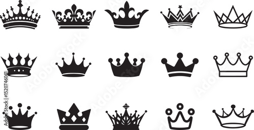 This versatile vector icon set features a diverse array of crown styles, from classic king and queen emblems to minimalist and modern tiara and coronet designs, making it a trending asset.