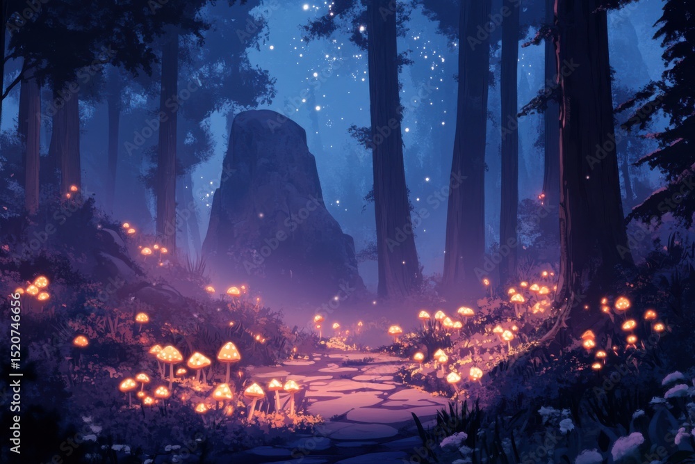 Fototapeta premium Magical forest path at night illuminated by glowing mushrooms.